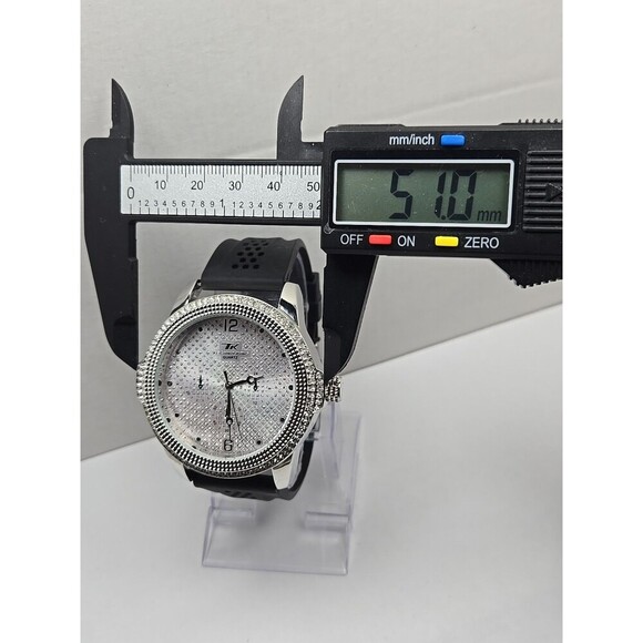 Techno King 51mm Iced Out Crystal Bezel Dial Black Strap Quartz Mens New Battery - Picture 5 of 9